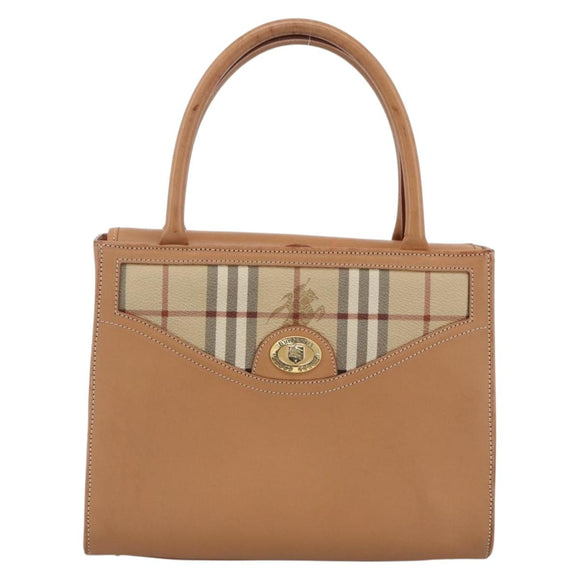 Burberrys Nova Check Hand Bag Leather Beige Gold Auth 173439