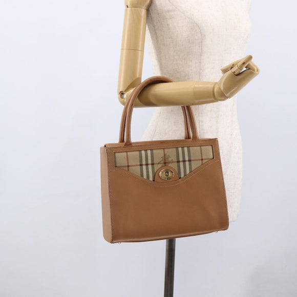 Burberrys Nova Check Hand Bag Leather Beige Gold Auth 173439