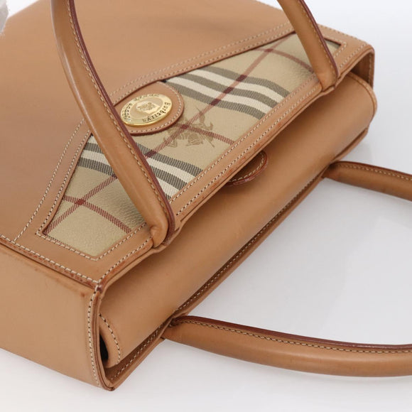 Burberrys Nova Check Hand Bag Leather Beige Gold Auth 173439