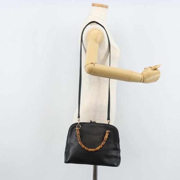 GUCCI Bamboo Hand Bag Leather 2way Black Gold 000 2122 0290 Auth 173468