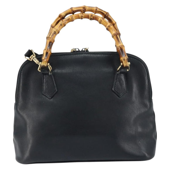 GUCCI Bamboo Hand Bag Leather 2way Black Gold 000 2122 0290 Auth 173468