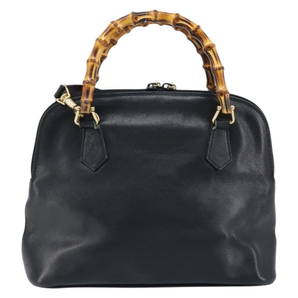 GUCCI Bamboo Hand Bag Leather 2way Black Gold 000 2122 0290 Auth 173468