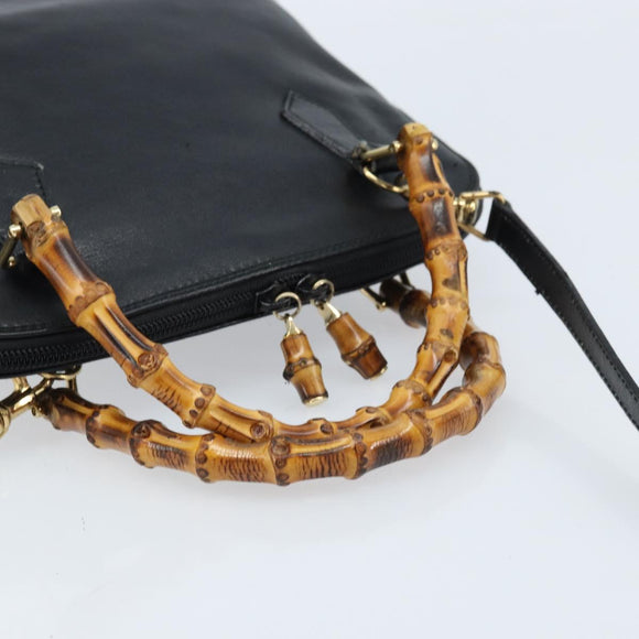 GUCCI Bamboo Hand Bag Leather 2way Black Gold 000 2122 0290 Auth 173468