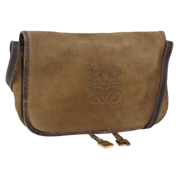 LOEWE anagram Shoulder Bag Suede Brown Gold Auth 173473