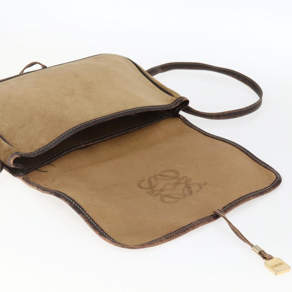 LOEWE anagram Shoulder Bag Suede Brown Gold Auth 173473