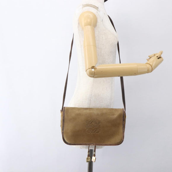 LOEWE anagram Shoulder Bag Suede Brown Gold Auth 173473