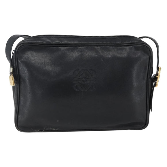 LOEWE Anagram Shoulder Bag Leather Black Gold Auth 173482