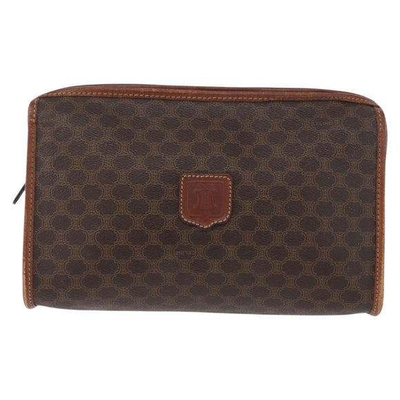 CELINE Macadam Canvas Clutch Bag PVC Leather Brown Gold Auth 173483