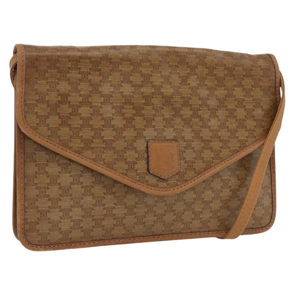 CELINE Macadam Canvas Shoulder Bag PVC Leather Beige Gold Auth 173484
