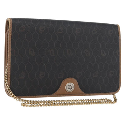 Christian Dior Honeycomb Canvas Chain Shoulder Bag PVC Black Gold Auth 173486