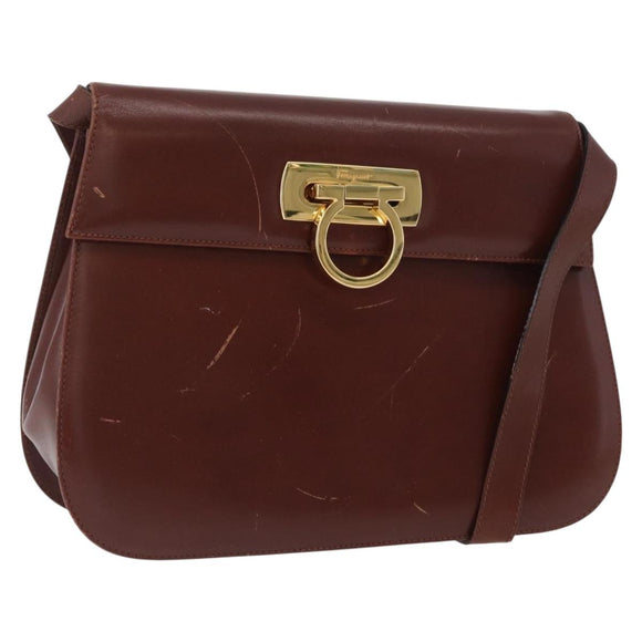Salvatore Ferragamo Gancini Shoulder Bag Leather Brown Gold Auth 173491