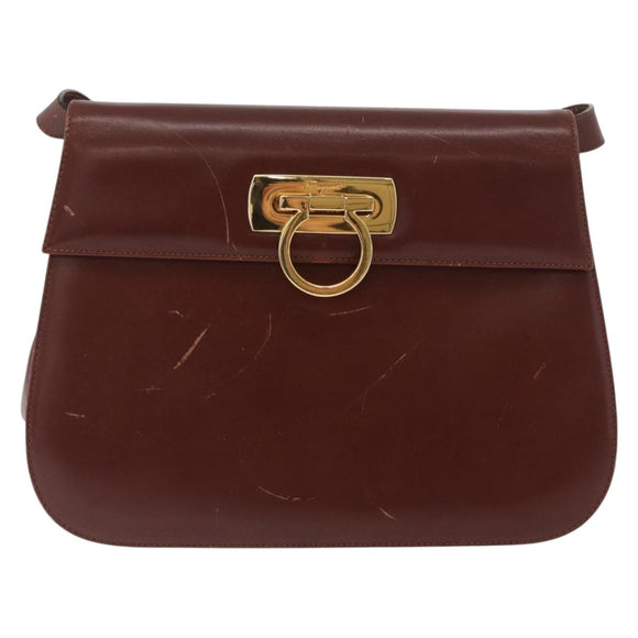Salvatore Ferragamo Gancini Shoulder Bag Leather Brown Gold Auth 173491