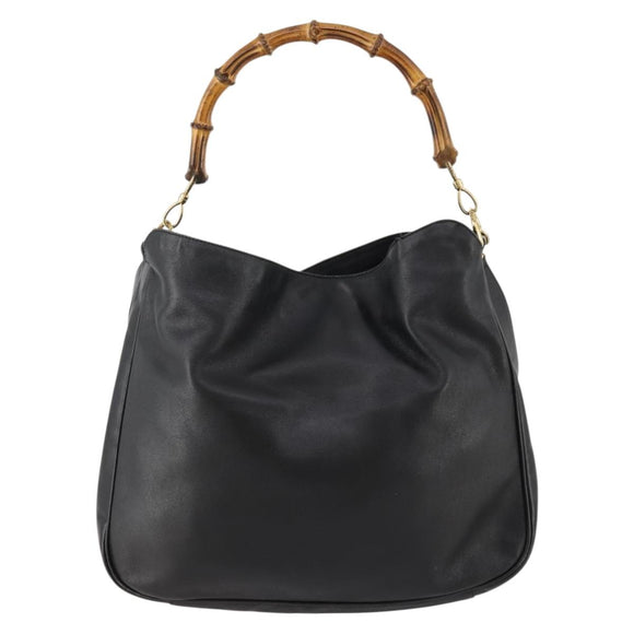 GUCCI Bamboo Hand Bag Leather 2way Black Gold 001 1998 1577 Auth 173531