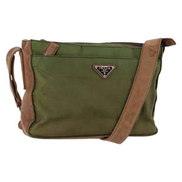 PRADA Shoulder Bag Nylon Leather Khaki Brown Silver Auth 173537