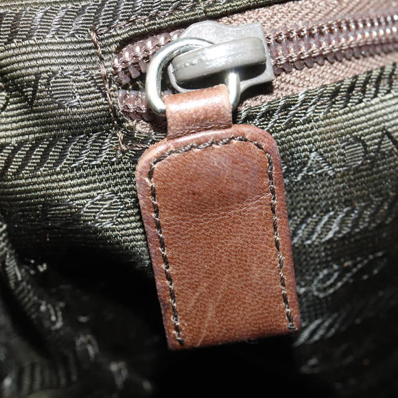 PRADA Shoulder Bag Nylon Leather Khaki Brown Silver Auth 173537