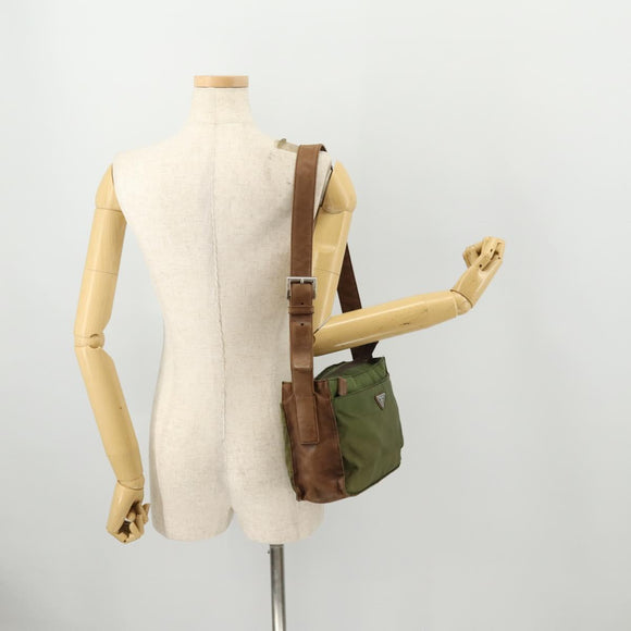 PRADA Shoulder Bag Nylon Leather Khaki Brown Silver Auth 173537