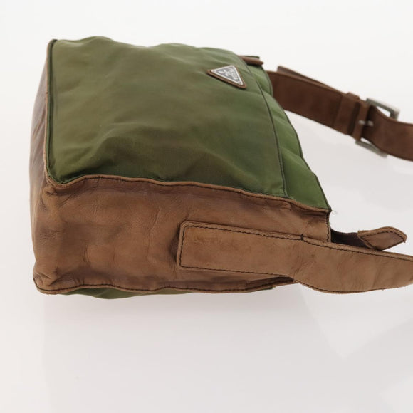 PRADA Shoulder Bag Nylon Leather Khaki Brown Silver Auth 173537