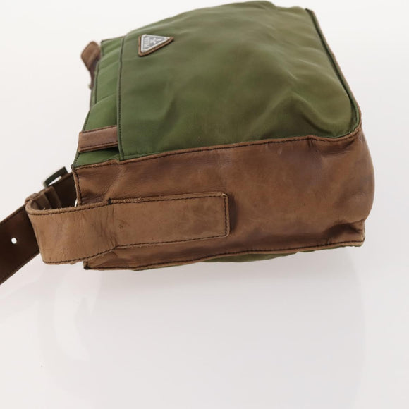 PRADA Shoulder Bag Nylon Leather Khaki Brown Silver Auth 173537