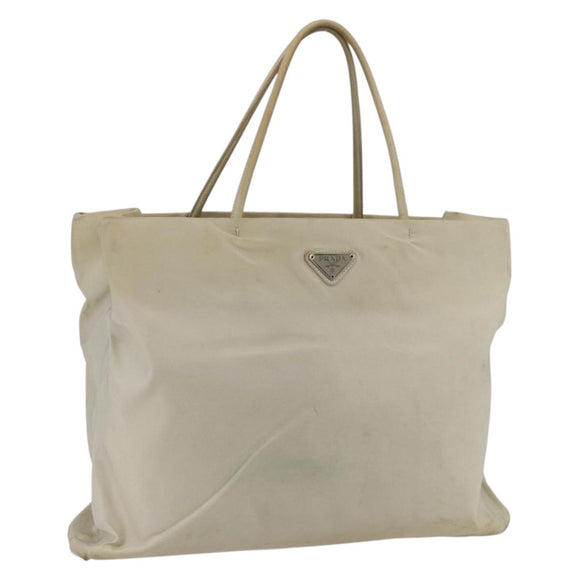 PRADA Tote Bag Nylon Beige Silver Auth 173539