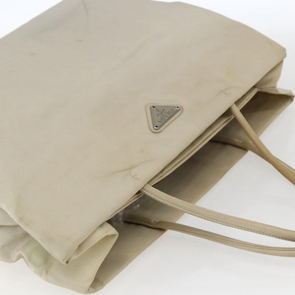 PRADA Tote Bag Nylon Beige Silver Auth 173539