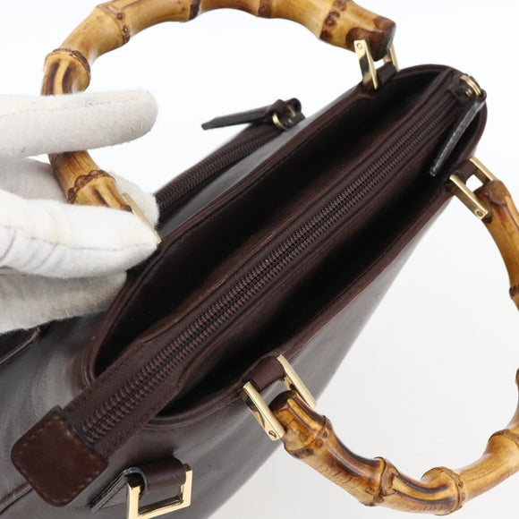GUCCI Bamboo Hand Bag Leather Dark Brown Gold Auth 173575