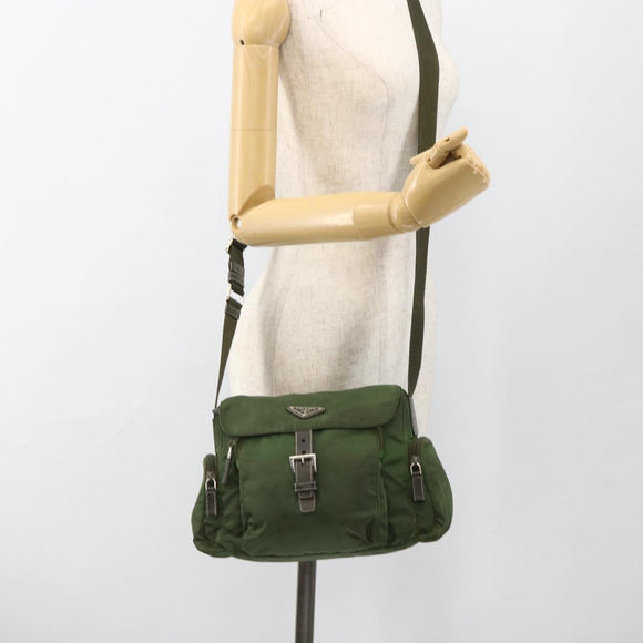 PRADA Shoulder Bag Nylon Khaki Silver Auth 173585