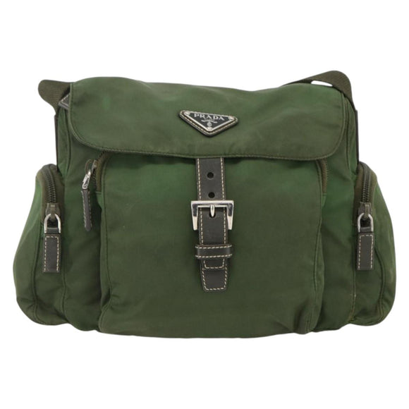 PRADA Shoulder Bag Nylon Khaki Silver Auth 173585