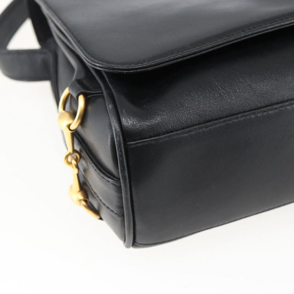 GUCCI Horsebit Shoulder Bag Leather Black Gold Auth 173650