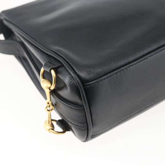 GUCCI Horsebit Shoulder Bag Leather Black Gold Auth 173650