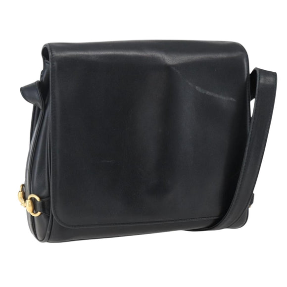 GUCCI Horsebit Shoulder Bag Leather Black Gold Auth 173650