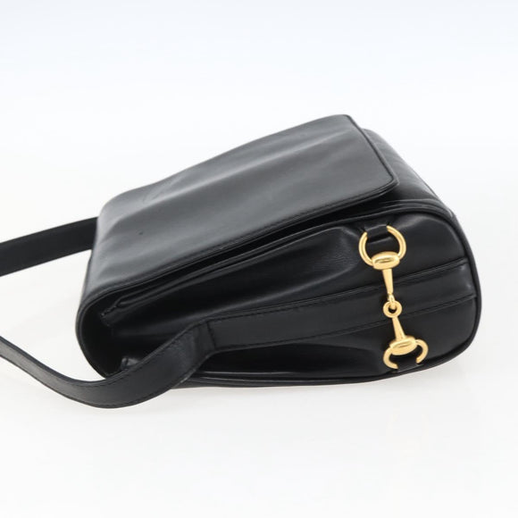 GUCCI Horsebit Shoulder Bag Leather Black Gold Auth 173650