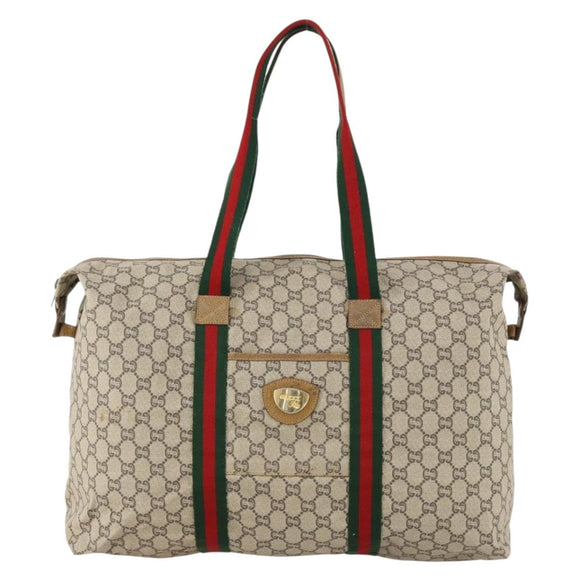 GUCCI GG Plus Supreme Web Sherry Line Boston Bag PVC Beige Auth 173664