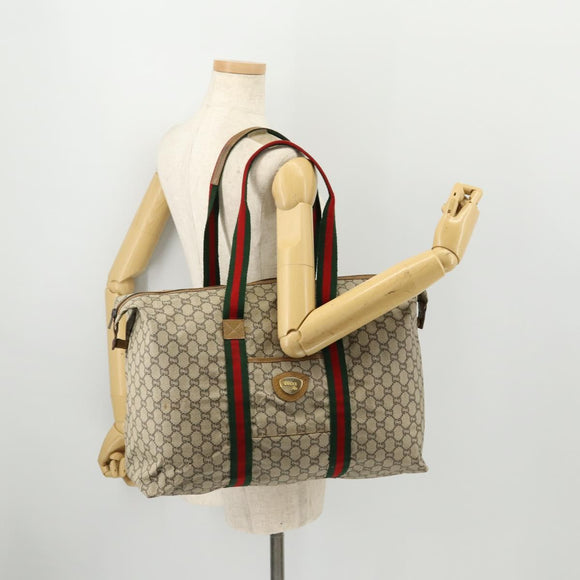 GUCCI GG Plus Supreme Web Sherry Line Boston Bag PVC Beige Auth 173664