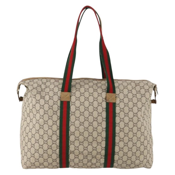 GUCCI GG Plus Supreme Web Sherry Line Boston Bag PVC Beige Auth 173664