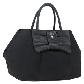 PRADA Ribbon Hand Bag Nylon Leather Black Silver Auth 173676