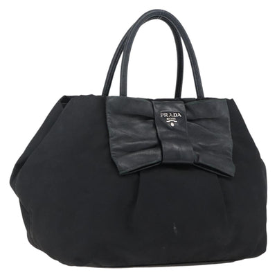 PRADA Ribbon Hand Bag Nylon Leather Black Silver Auth 173676