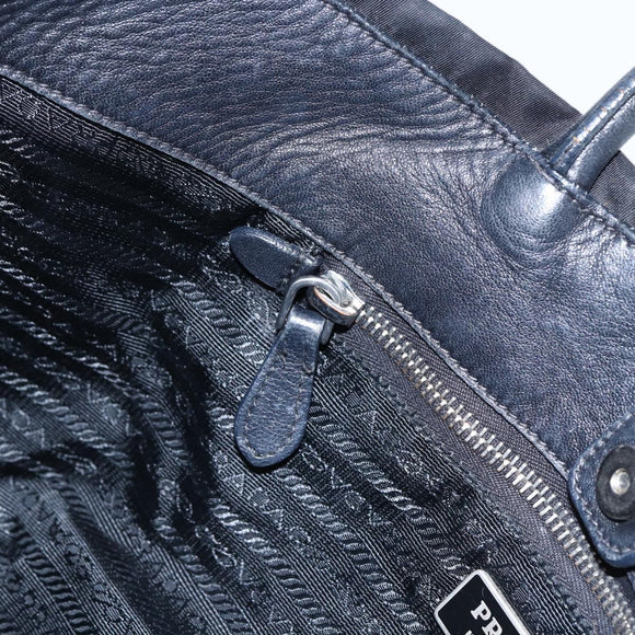 PRADA Ribbon Hand Bag Nylon Leather Black Silver Auth 173676