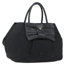 PRADA Ribbon Hand Bag Nylon Leather Black Silver Auth 173676-1