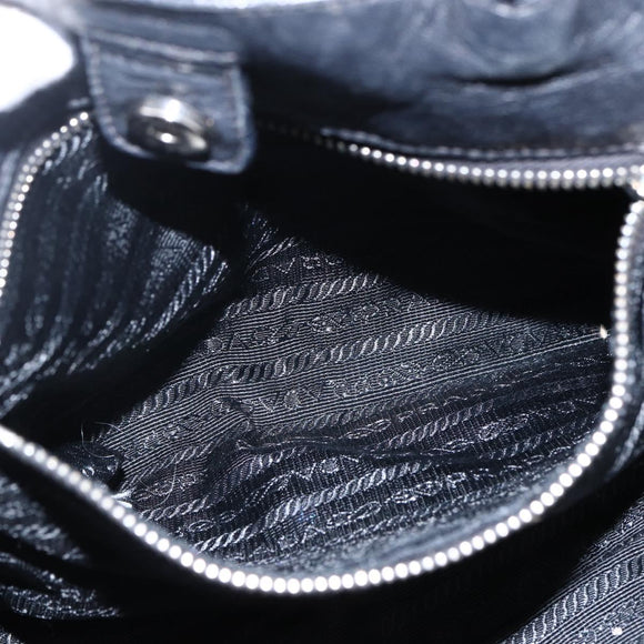 PRADA Ribbon Hand Bag Nylon Leather Black Silver Auth 173676