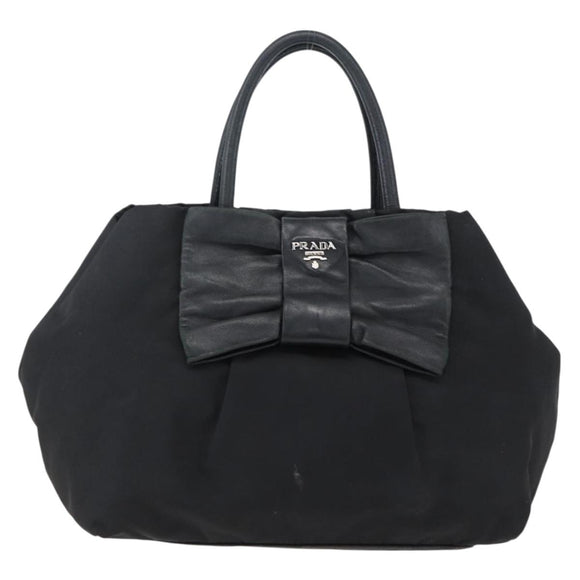 PRADA Ribbon Hand Bag Nylon Leather Black Silver Auth 173676