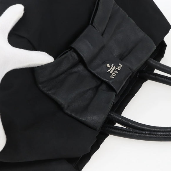 PRADA Ribbon Hand Bag Nylon Leather Black Silver Auth 173676