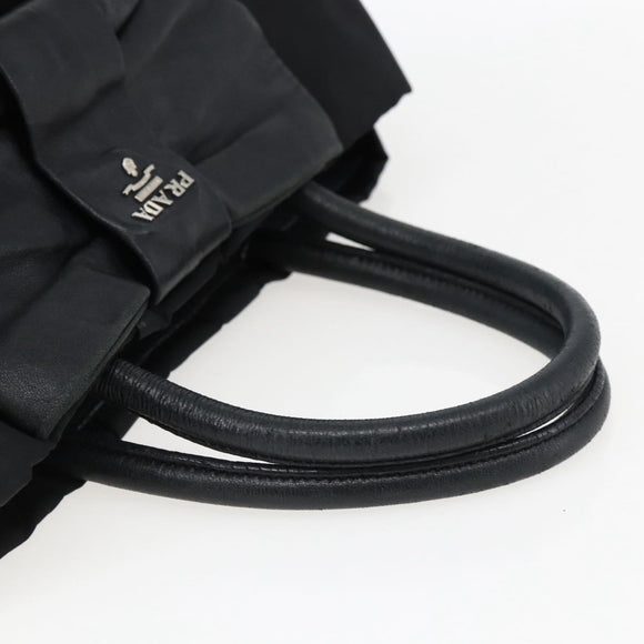 PRADA Ribbon Hand Bag Nylon Leather Black Silver Auth 173676