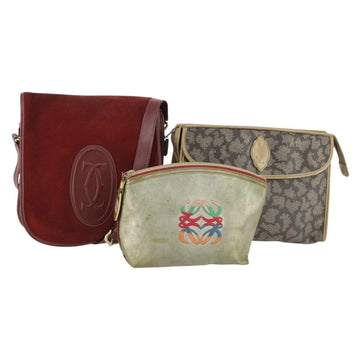 LOEWE Anagram Hand Bag Leather Nylon Suede 3 Set Red Gray Green Auth 173684