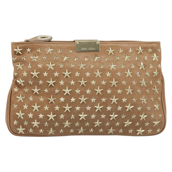 Jimmy Choo Clutch Bag Leather Beige Gold Auth 173692