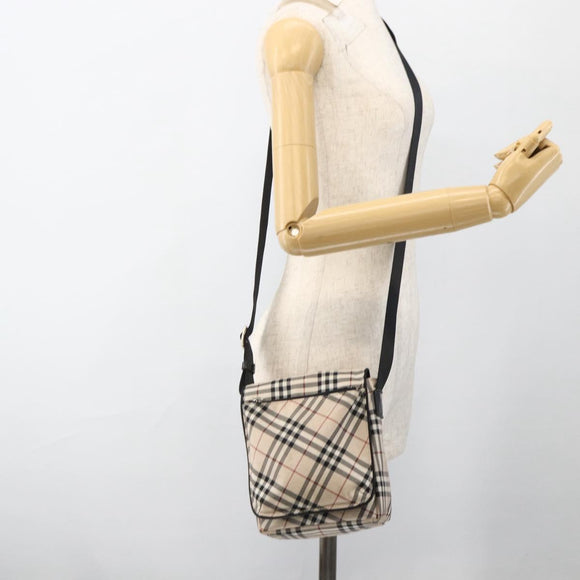BURBERRY Nova Check Blue Label Shoulder Bag Nylon Beige Silver Auth 173694