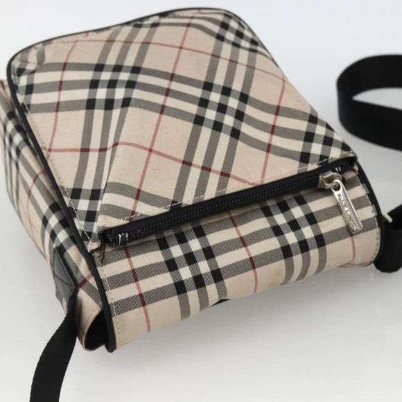 BURBERRY Nova Check Blue Label Shoulder Bag Nylon Beige Silver Auth 173694