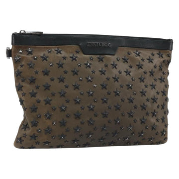 Jimmy Choo Clutch Bag Leather Brown Silver Auth 173696