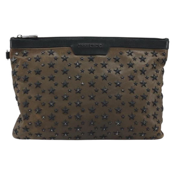 Jimmy Choo Clutch Bag Leather Brown Silver Auth 173696