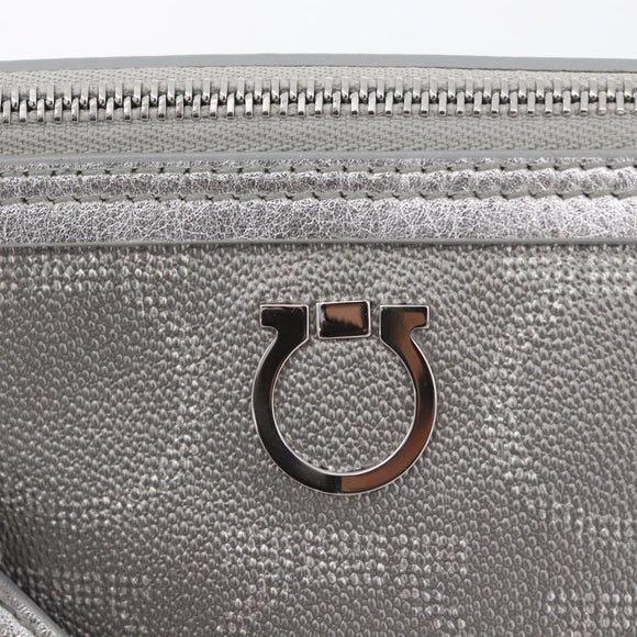 Salvatore Ferragamo Gancini Shoulder Bag PVC Leather Silver Auth 173697