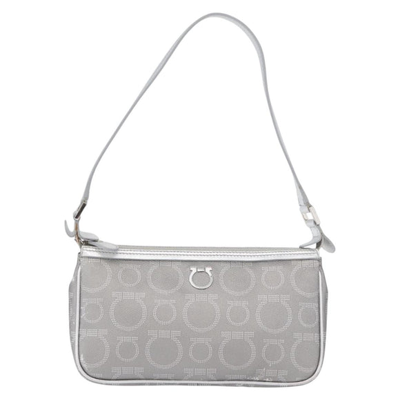 Salvatore Ferragamo Gancini Shoulder Bag PVC Leather Silver Auth 173697